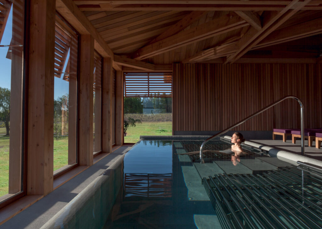 Modern indoor pool with large windows offering panoramic views of the green countryside.