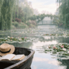 Wooden boat on the lily pond in Giverny with a straw hat and an open journal titled 'Giverny Notes