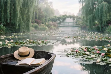 Wooden boat on the lily pond in Giverny with a straw hat and an open journal titled 'Giverny Notes