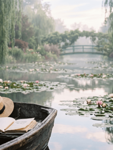 Wooden boat on the lily pond in Giverny with a straw hat and an open journal titled 'Giverny Notes