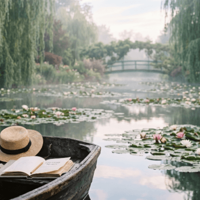 Wooden boat on the lily pond in Giverny with a straw hat and an open journal titled 'Giverny Notes