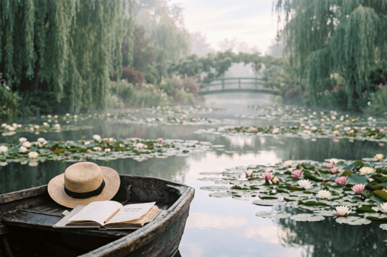 Wooden boat on the lily pond in Giverny with a straw hat and an open journal titled 'Giverny Notes