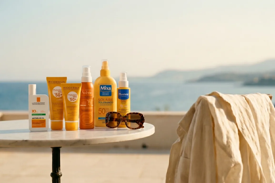 Selection of French pharmacy sunscreens including La Roche-Posay, Bioderma, and Avène on a table overlooking the Mediterranean sea