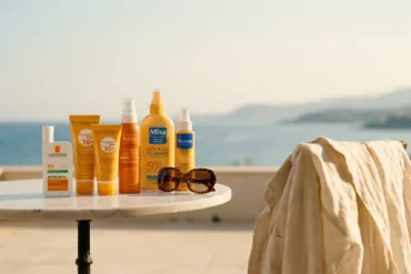 Selection of French pharmacy sunscreens including La Roche-Posay, Bioderma, and Avène on a table overlooking the Mediterranean sea