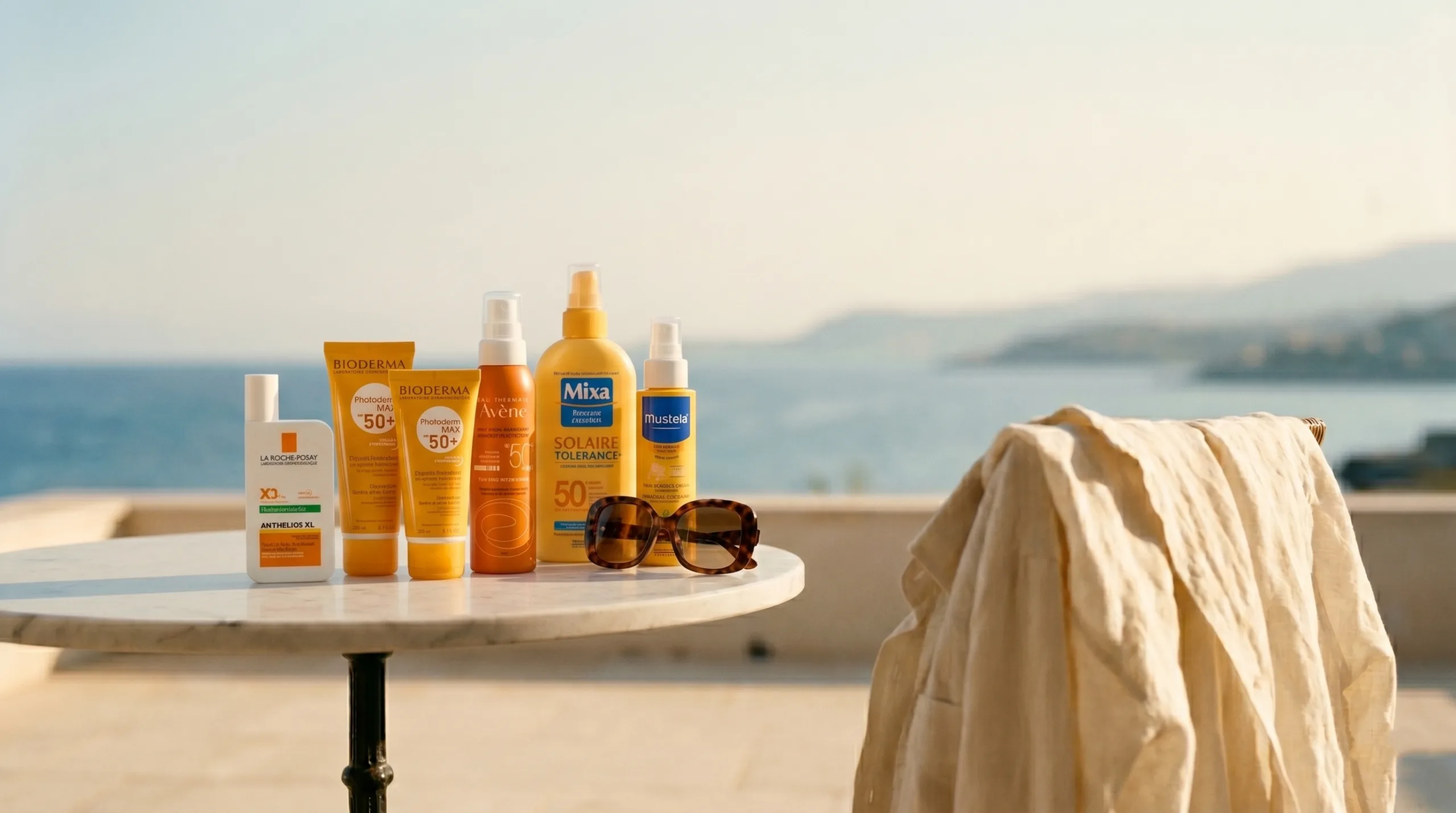 Selection of French pharmacy sunscreens including La Roche-Posay, Bioderma, and Avène on a table overlooking the Mediterranean sea