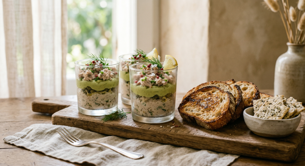 Three seafood terrine verrines topped with green herb mousse and dill served with toasted bread