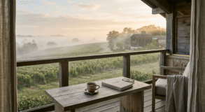 Morning tea and a book on a wooden balcony overlooking misty vineyards at sunrise.