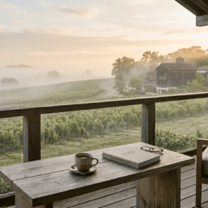 Morning tea and a book on a wooden balcony overlooking misty vineyards at sunrise.