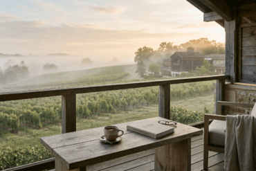 Morning tea and a book on a wooden balcony overlooking misty vineyards at sunrise.