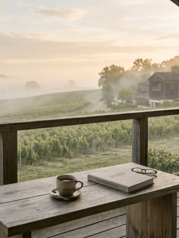 Morning tea and a book on a wooden balcony overlooking misty vineyards at sunrise.