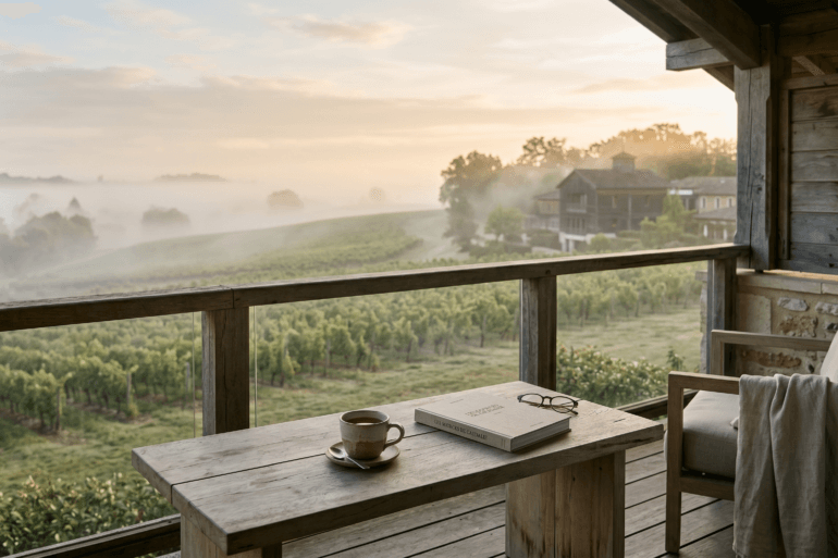 Morning tea and a book on a wooden balcony overlooking misty vineyards at sunrise.
