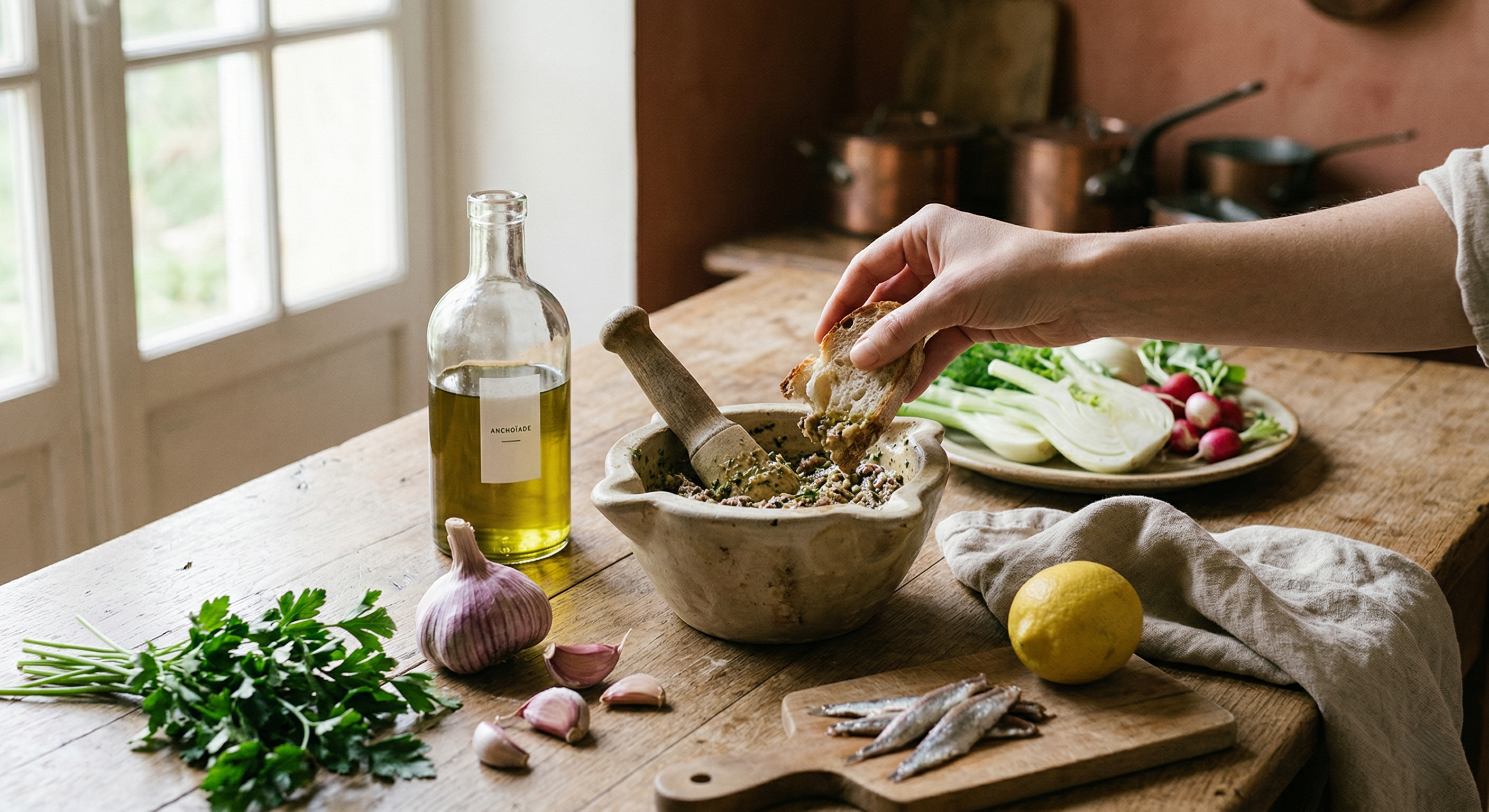 Hand dipping crusty bread into a stone mortar of fresh Provencal anchoïade near garlic and olive oil