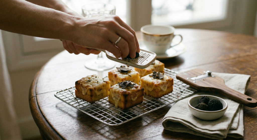Grating fresh black truffle over toasted cheese bites for a luxury gourmet appetizer