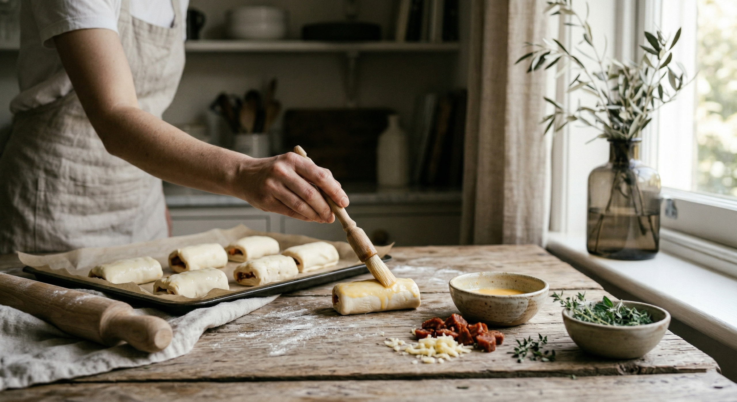 Brushing egg wash on homemade chorizo and cheese puff pastry rolls on a rustic wooden table