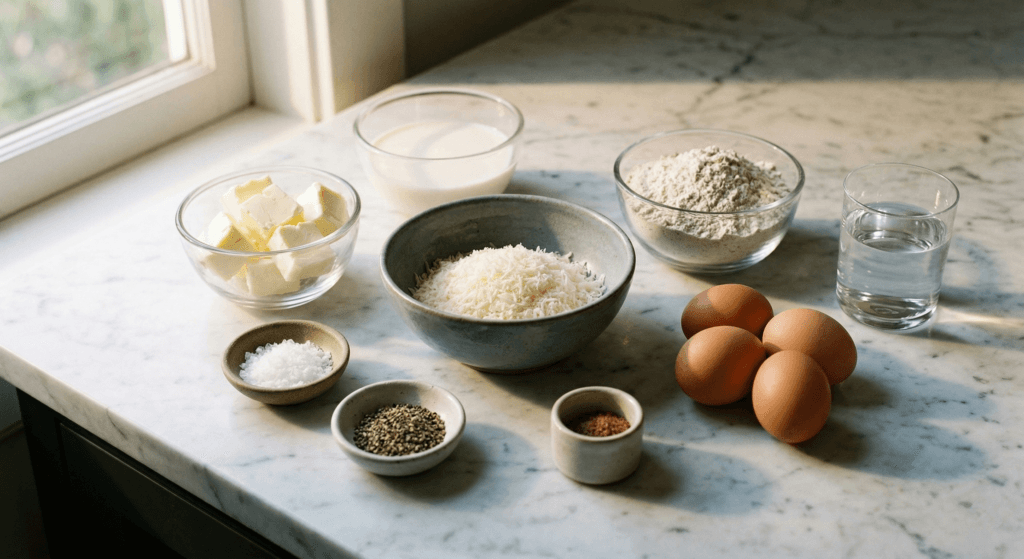 Baking ingredients including flour, eggs, butter cubes, and grated cheese arranged on a marble countertop