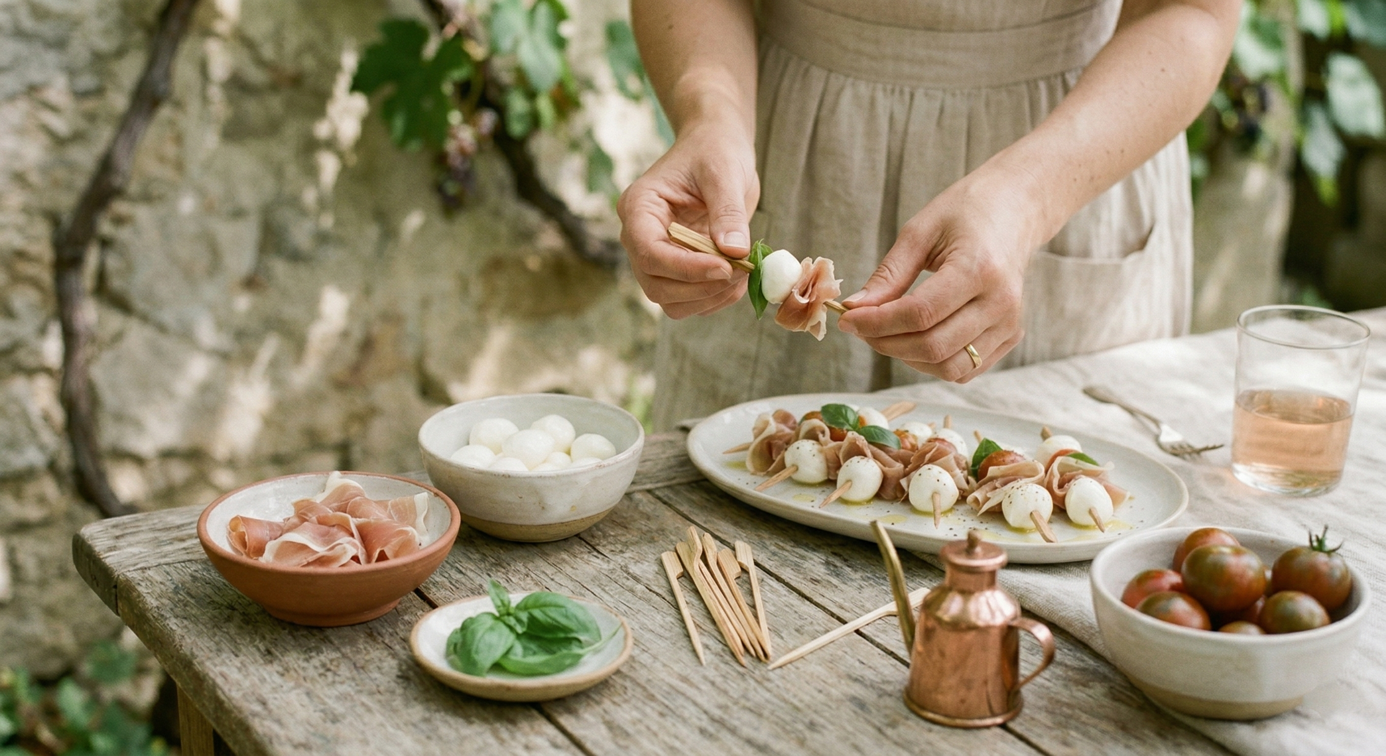 Person assembling fresh mozzarella, prosciutto, and basil skewers for a Mediterranean appetizer