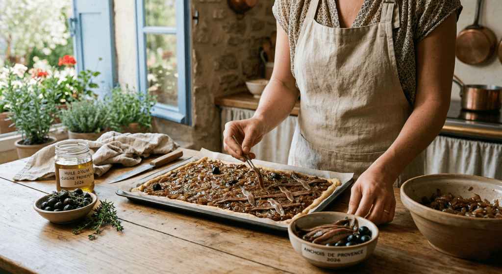Assembling a traditional Pissaladière with anchovies, caramelized onions, and black olives in a Provencal kitchen
