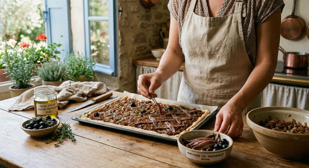 Assembling a traditional Pissaladière with anchovies, caramelized onions, and black olives in a Provencal kitchen