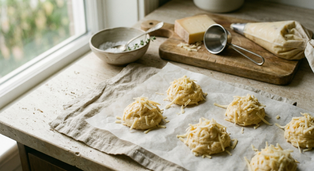 Raw gougères cheese puffs topped with grated gruyere on parchment paper ready for baking