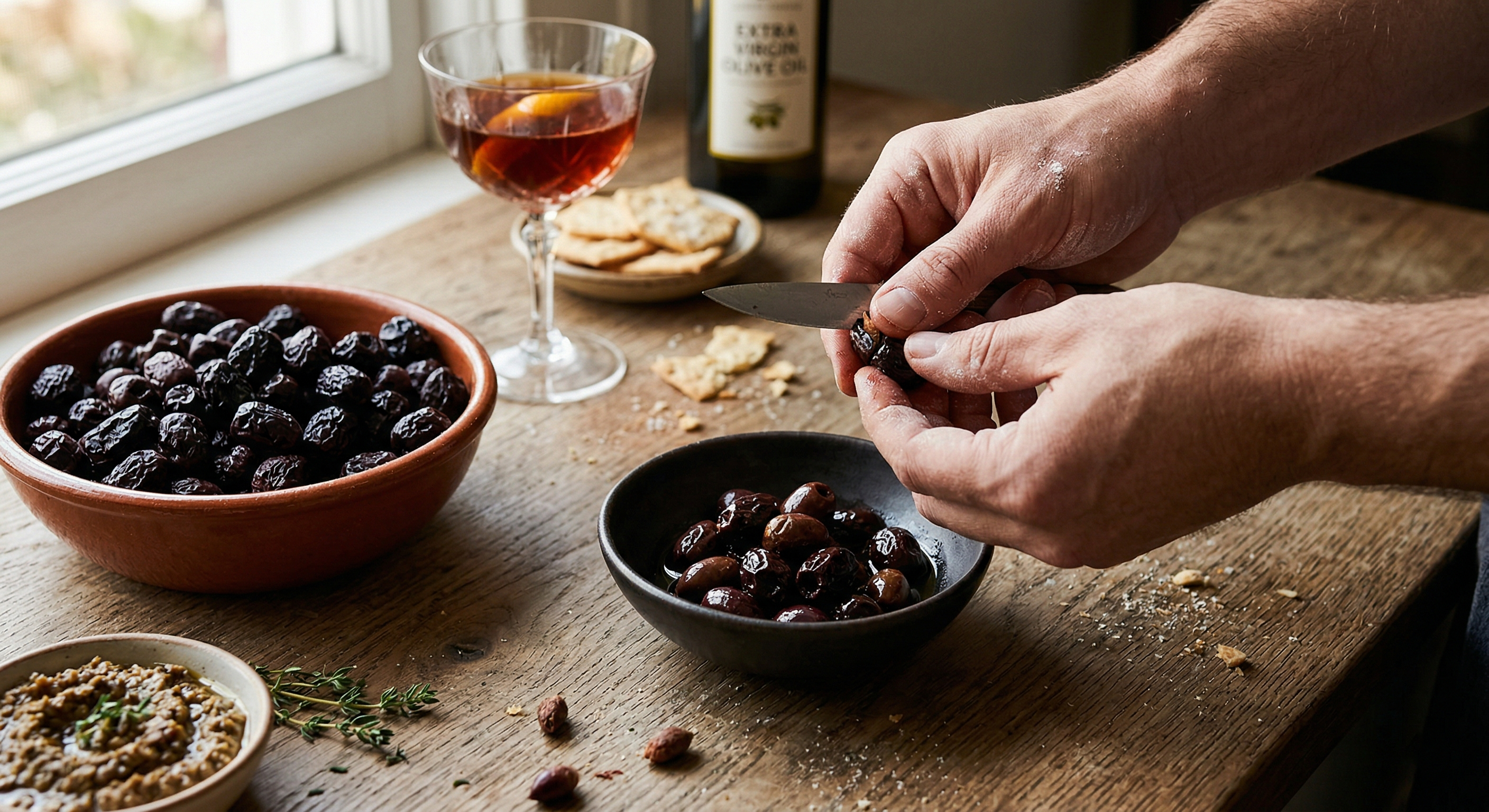 Preparing homemade tapenade by pitting black olives with a knife on a wooden table