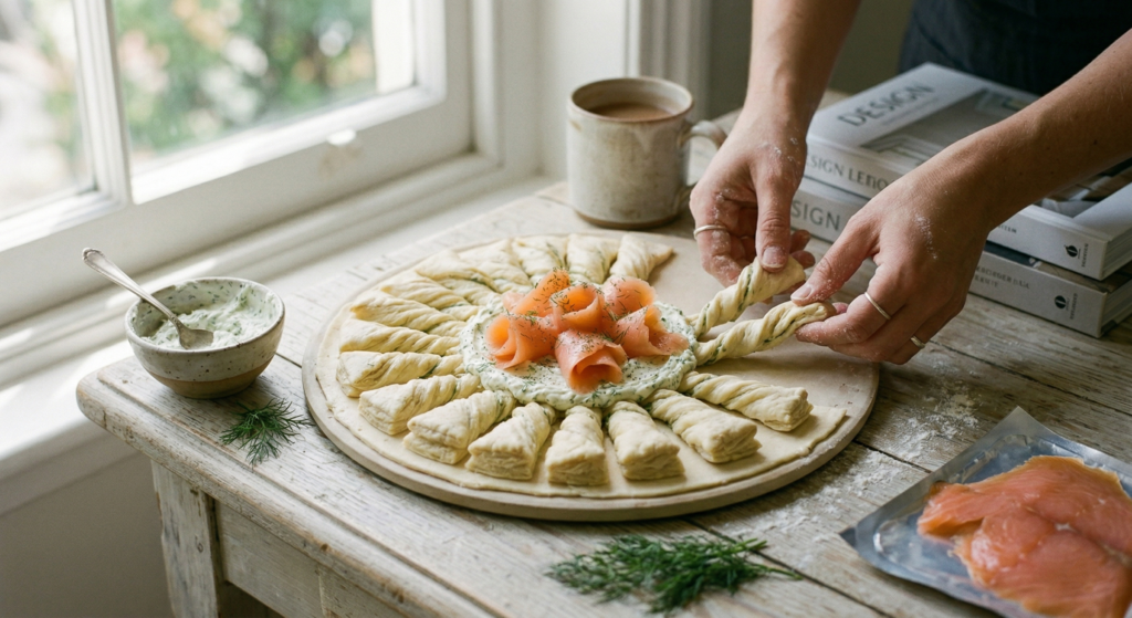 Preparing a savory sun tart (tarte soleil) with smoked salmon and herb cream cheese center