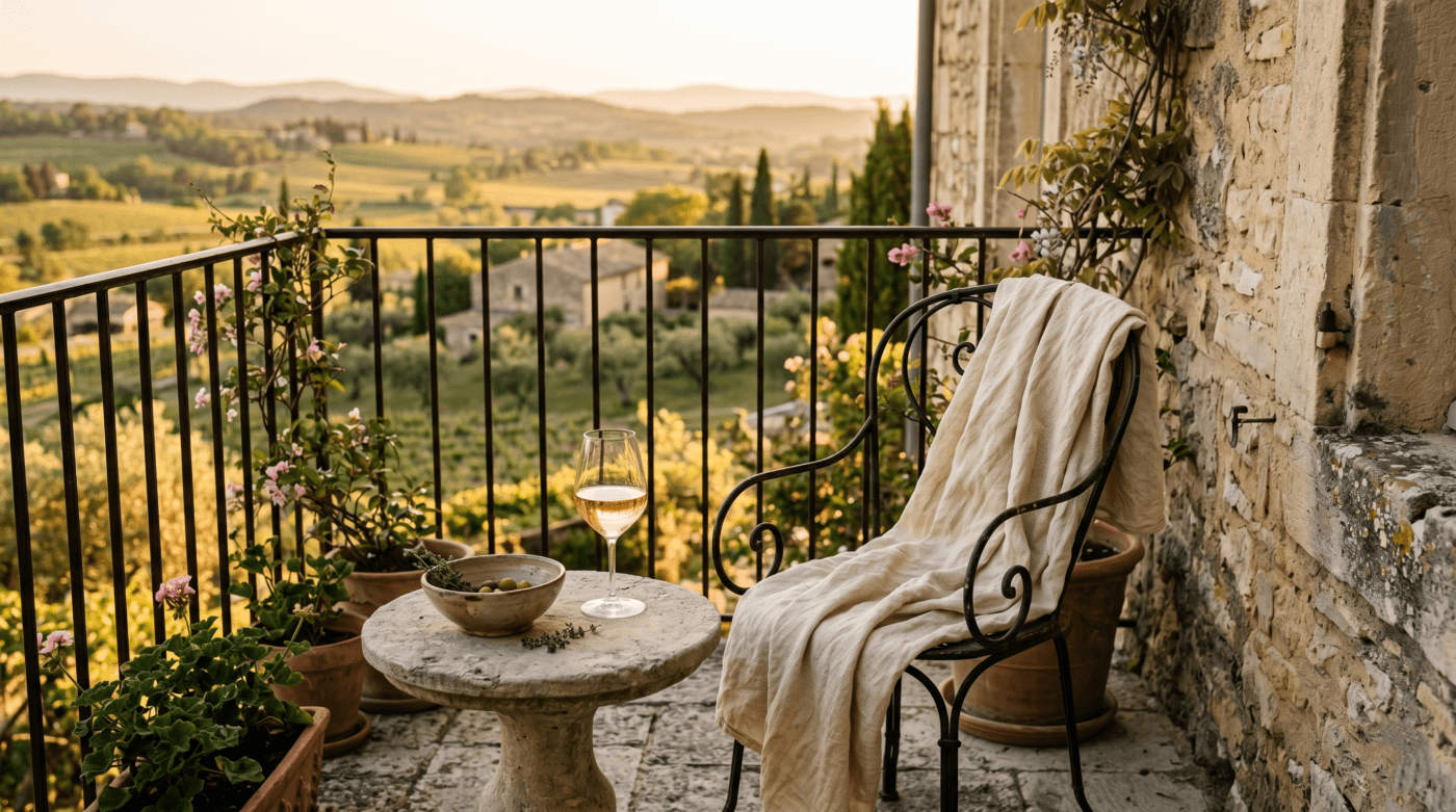 Sunset view from a terrace overlooking rolling vineyards in the French countryside