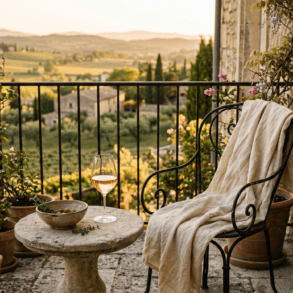 Sunset view from a terrace overlooking rolling vineyards in the French countryside