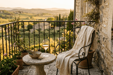 Sunset view from a terrace overlooking rolling vineyards in the French countryside