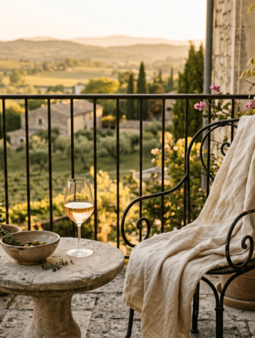 Sunset view from a terrace overlooking rolling vineyards in the French countryside