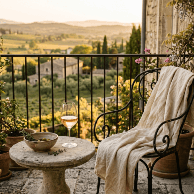 Sunset view from a terrace overlooking rolling vineyards in the French countryside