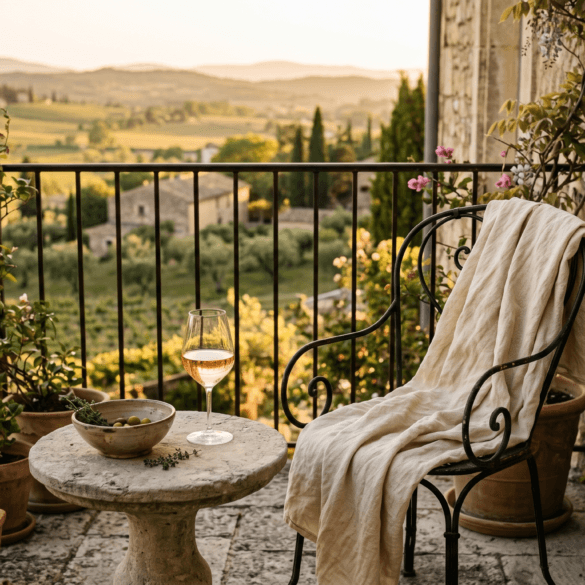 Sunset view from a terrace overlooking rolling vineyards in the French countryside