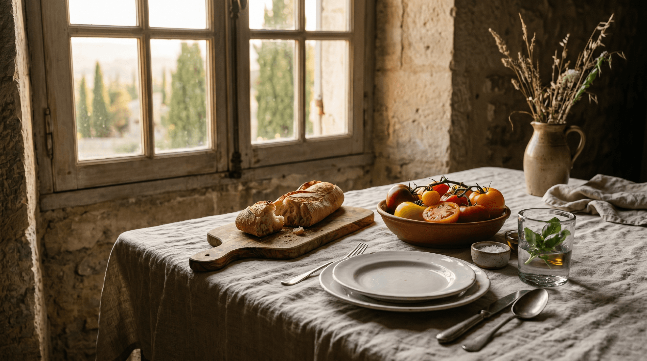 Rustic French country breakfast table with fresh baguette and vine-ripened tomatoes