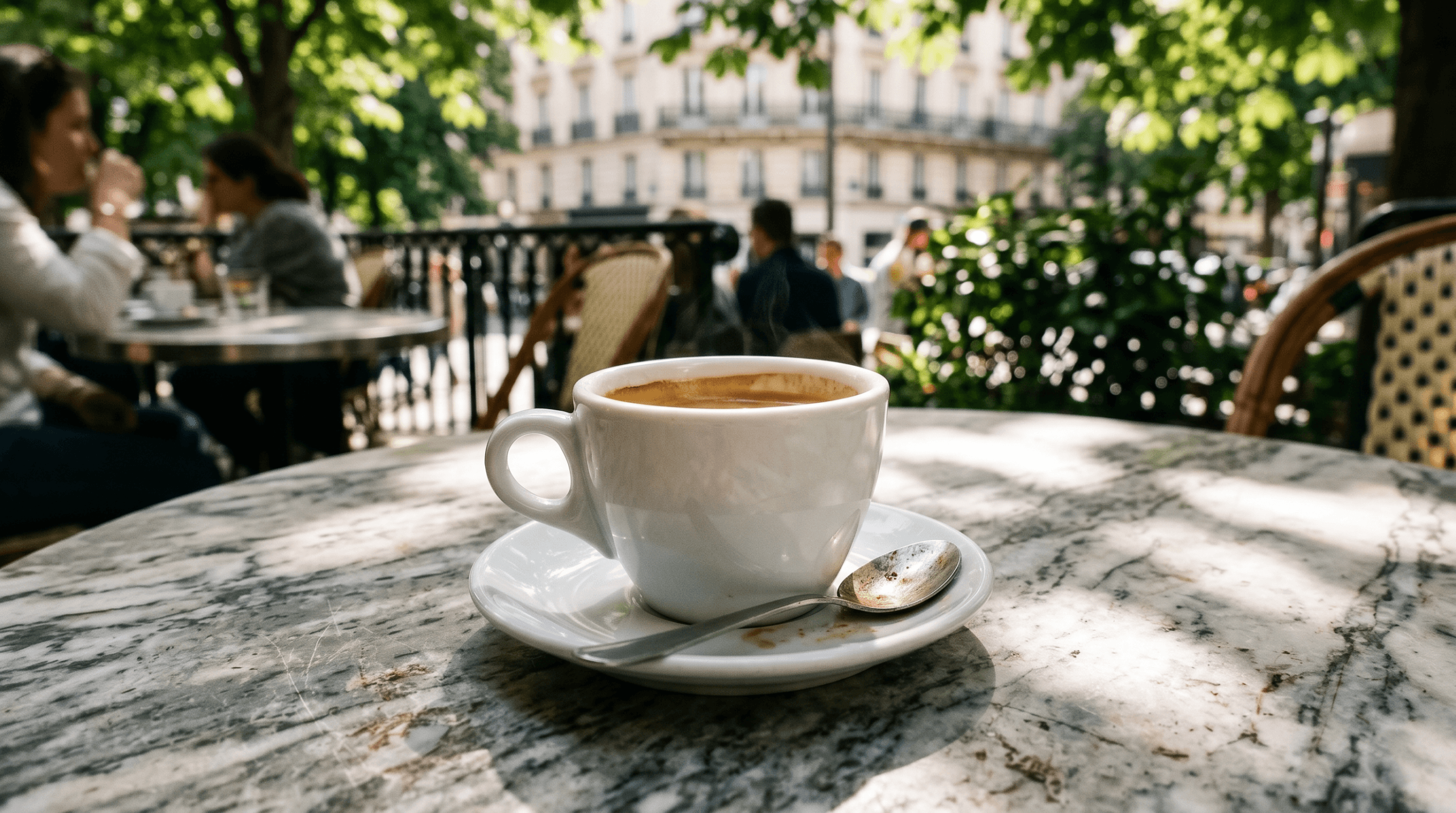 Espresso cup on a marble bistro table at an outdoor cafe in Paris