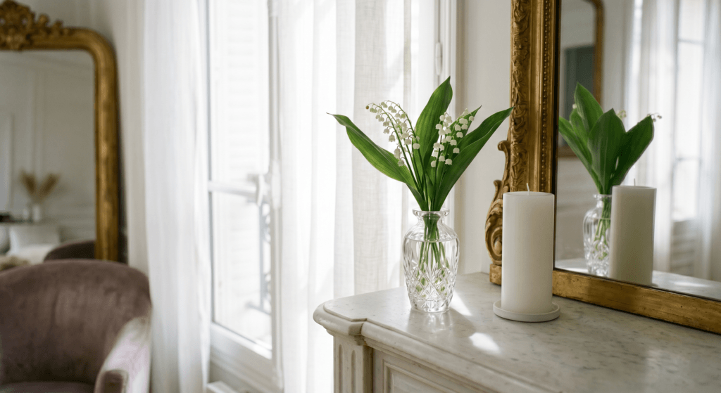 White lily of the valley in a crystal vase on a marble fireplace mantel