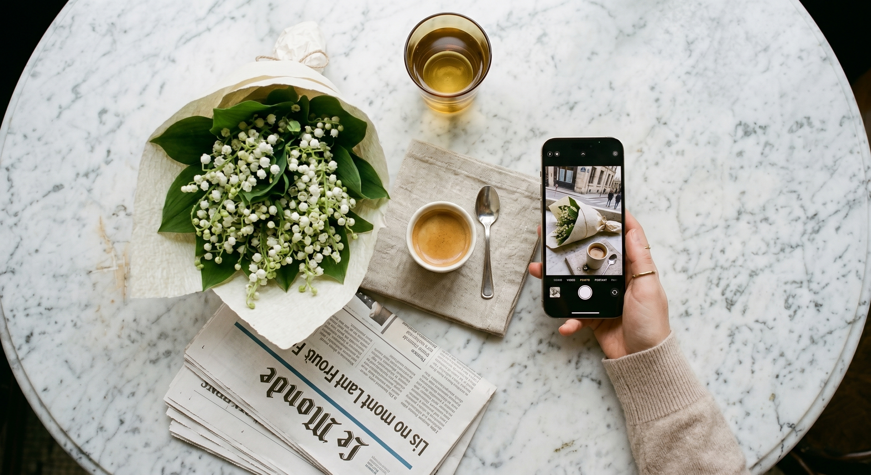 Flat lay of a lily of the valley bouquet, Le Monde newspaper, and a hand holding an iPhone to take a photo