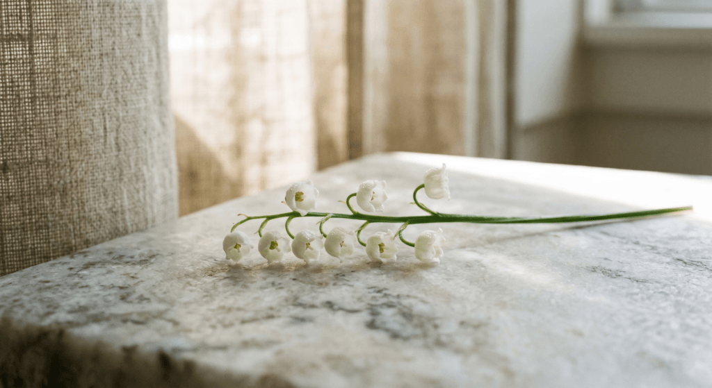 Single sprig of lily of the valley resting on a stone surface