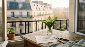 Lily of the valley bouquet on a Parisian balcony with a note reading: Pour un 1er Mai plein de bonheur.. Amour, Sophie.