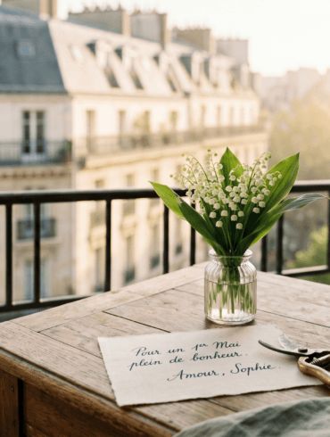 Lily of the valley bouquet on a Parisian balcony with a note reading: Pour un 1er Mai plein de bonheur.. Amour, Sophie.