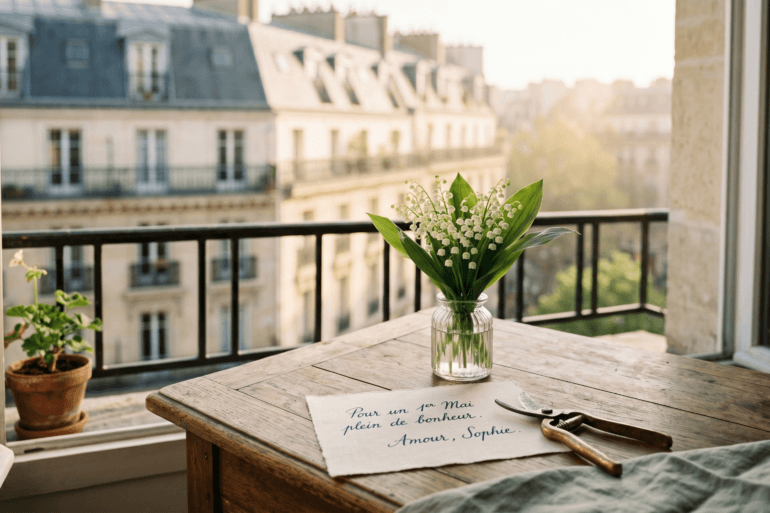 Lily of the valley bouquet on a Parisian balcony with a note reading: Pour un 1er Mai plein de bonheur.. Amour, Sophie.