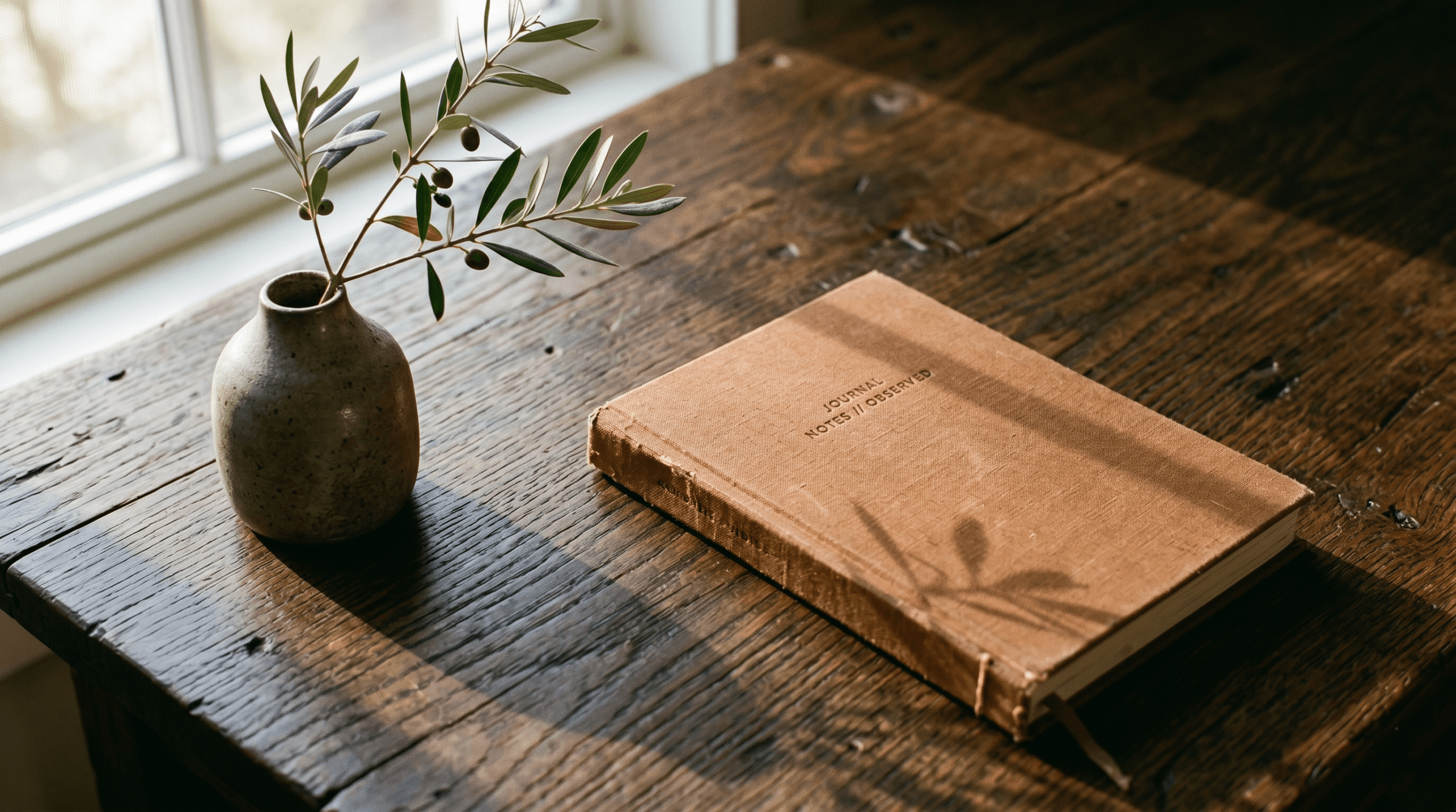 Open notebook titled Journal Notes Observed on a rustic wooden desk with an olive branch in a vase