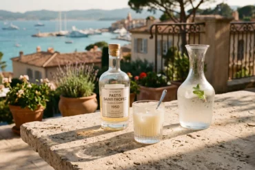 A luxury bottle of artisanal pastis and a ribbed crystal glass with cloudy yellow liquid on a sun-drenched stone terrace in Saint-Tropez