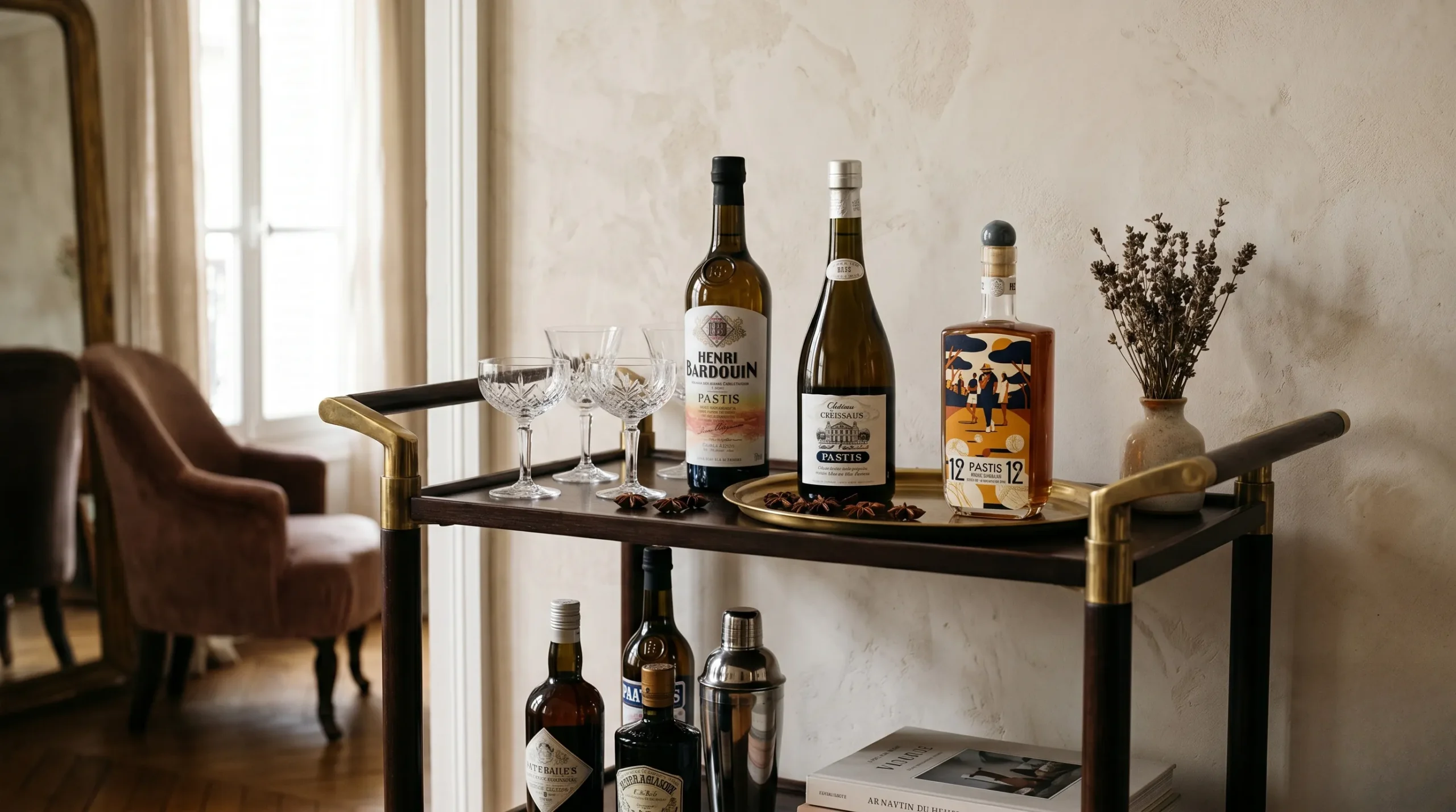 A curated dark wood and brass bar cart showcasing three premium pastis bottles including Henri Bardouin and Chateau des Creissauds