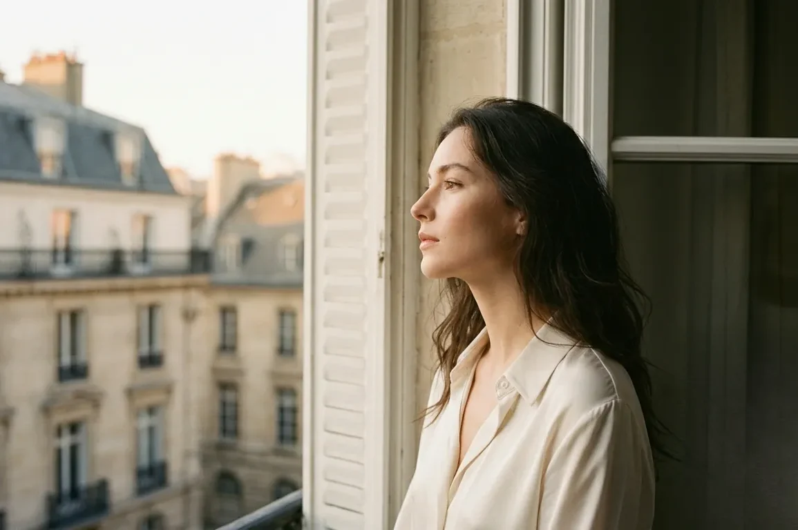 Elegant portrait of a beautiful French woman in an alabaster silk shirt looking out of a Parisian window at golden hour