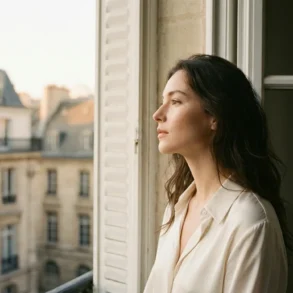 Elegant portrait of a beautiful French woman in an alabaster silk shirt looking out of a Parisian window at golden hour