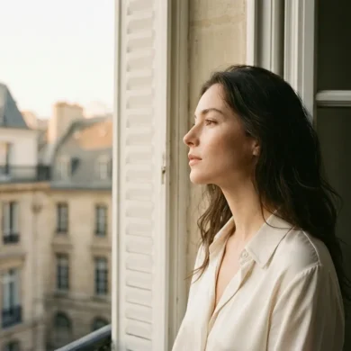 Elegant portrait of a beautiful French woman in an alabaster silk shirt looking out of a Parisian window at golden hour