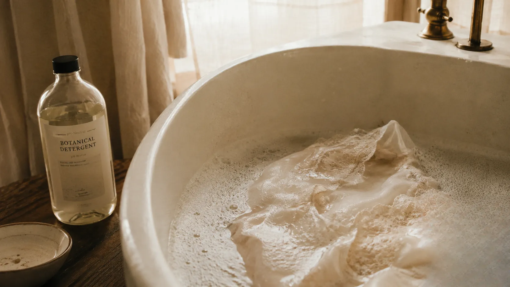 A serene flat lay of a ceramic washbasin with gentle bubbles washing a delicate lace slip in soft morning light