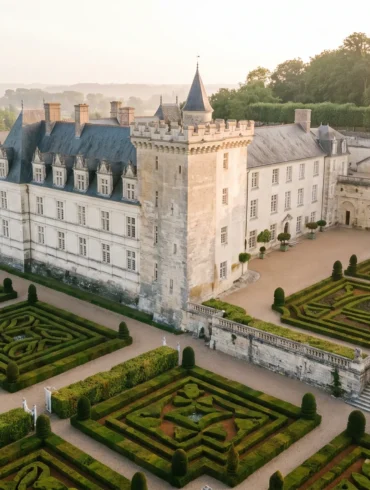 High-angle view of the symmetrical Renaissance gardens at Chateau de Villandry during golden sunrise