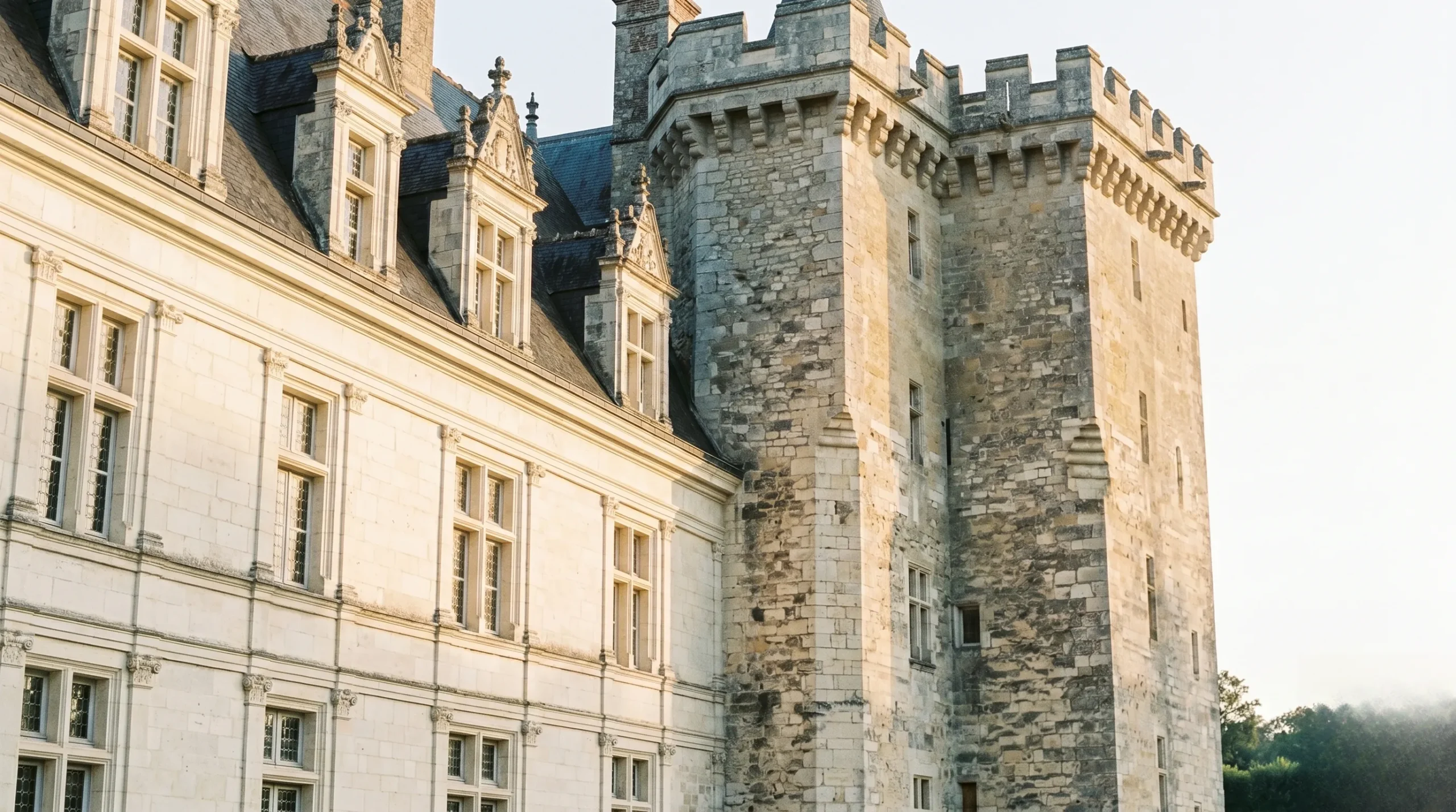 Close-up of the historic stone donjon and elegant Renaissance limestone facade of Chateau de Villandry