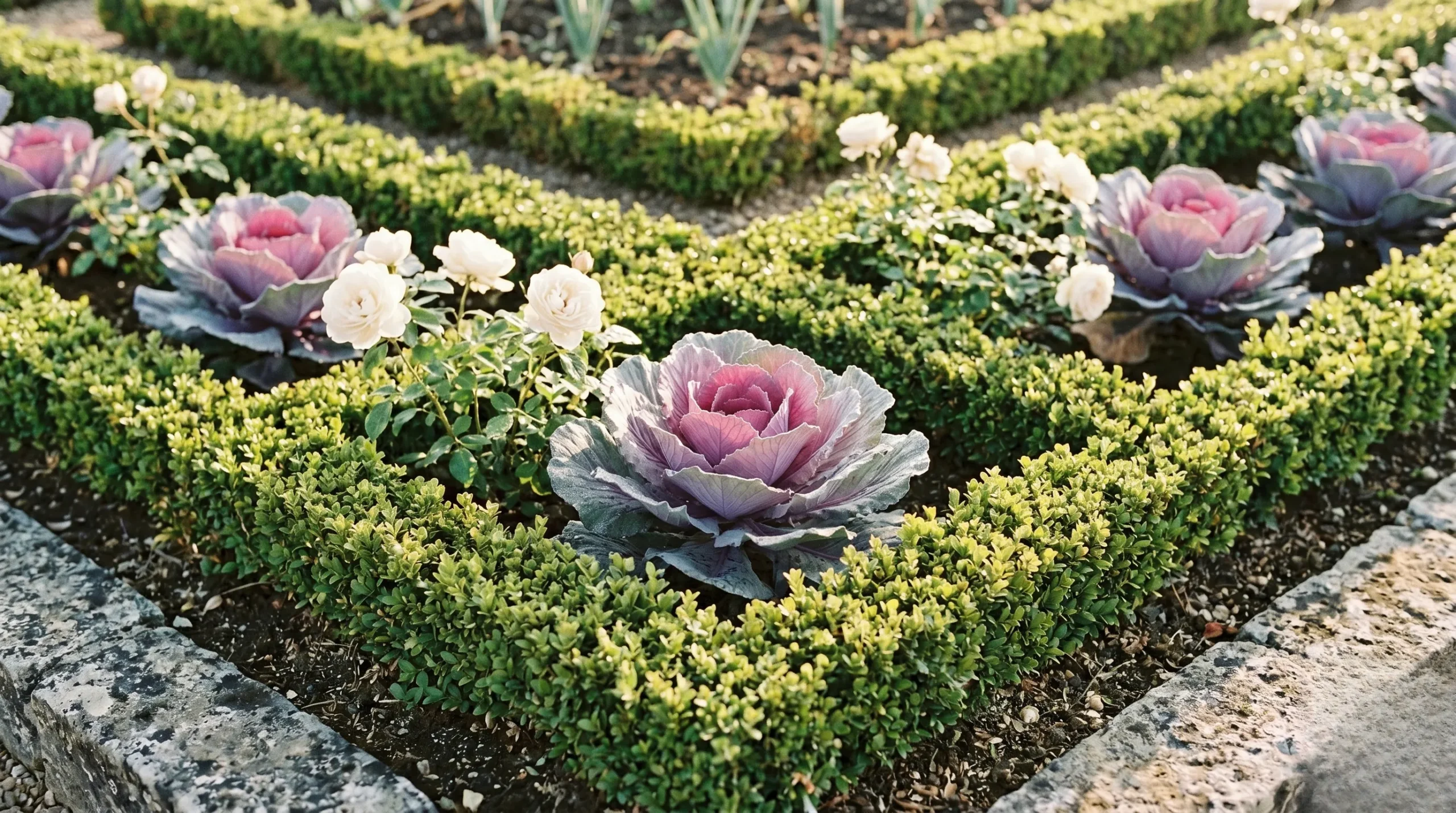 Intricate geometric layout of ornamental cabbages and white roses in the kitchen garden of Villandry