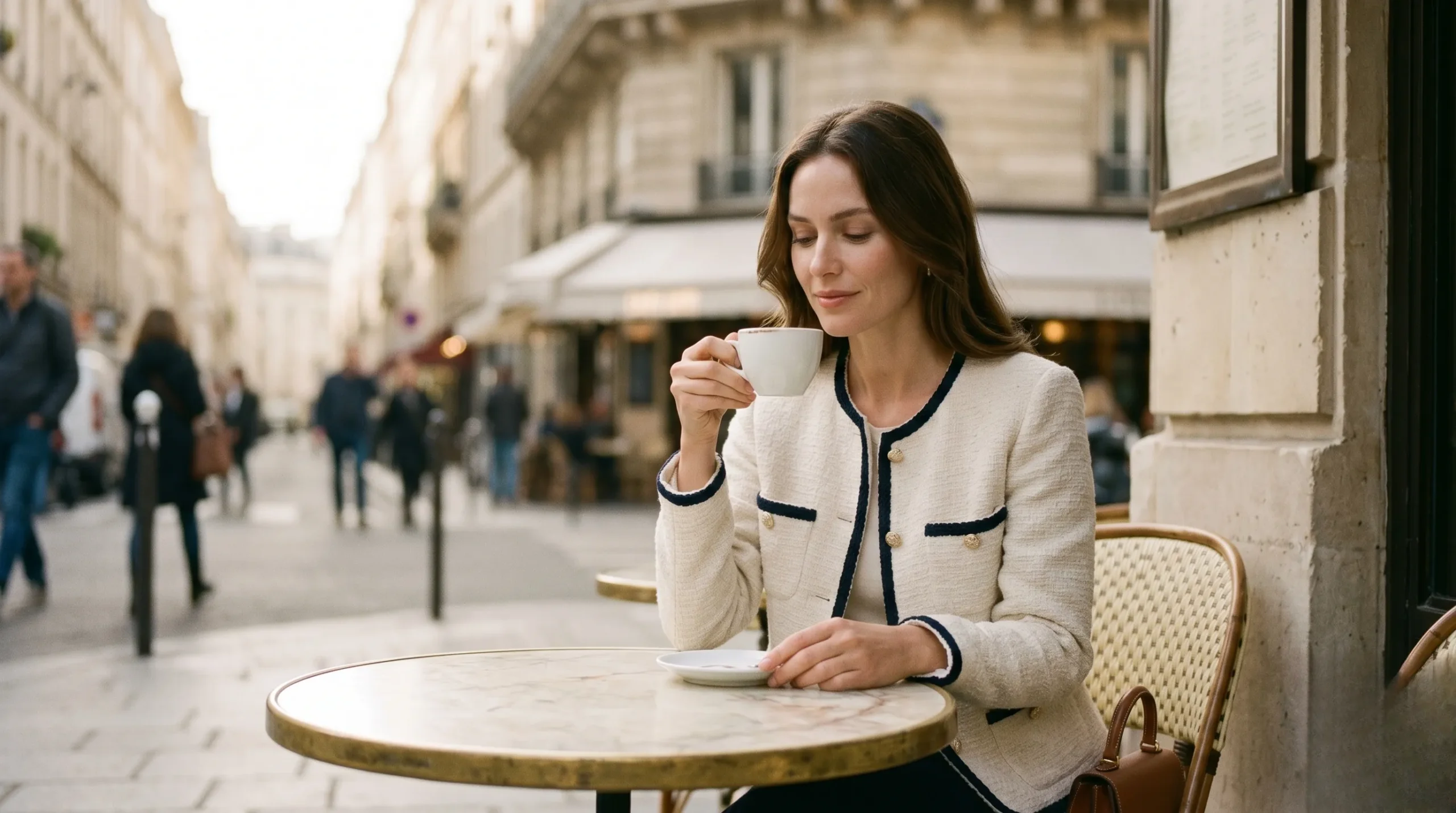 An elegant woman wearing a cream textured bouclé jacket sitting at a Parisian marble café table. Spring Jacket